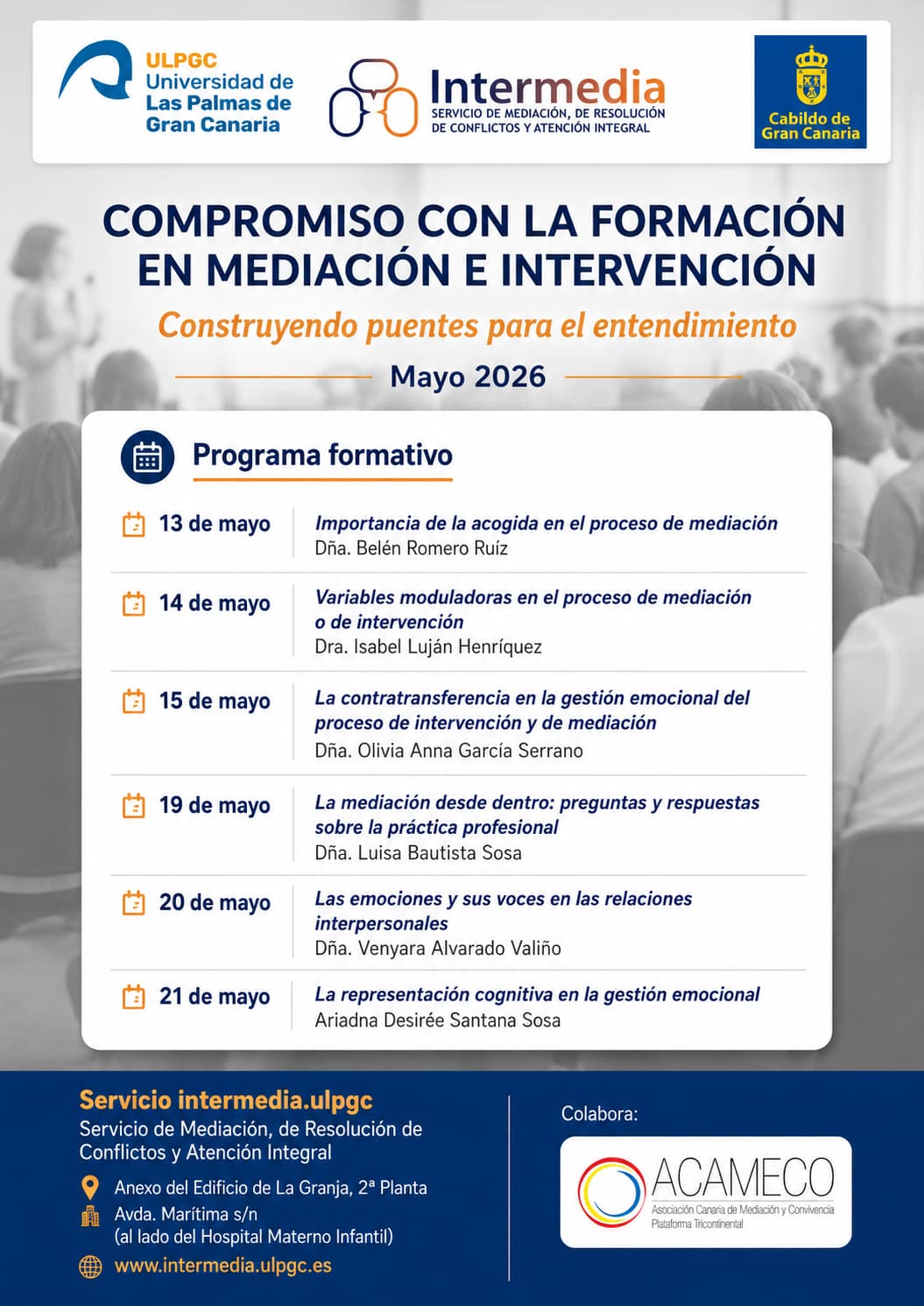 Cartel del programa “Compromiso con la formación en mediación e intervención”, organizado por Intermedia ULPGC en mayo de 2026, con sesiones formativas sobre mediación, gestión emocional e intervención.